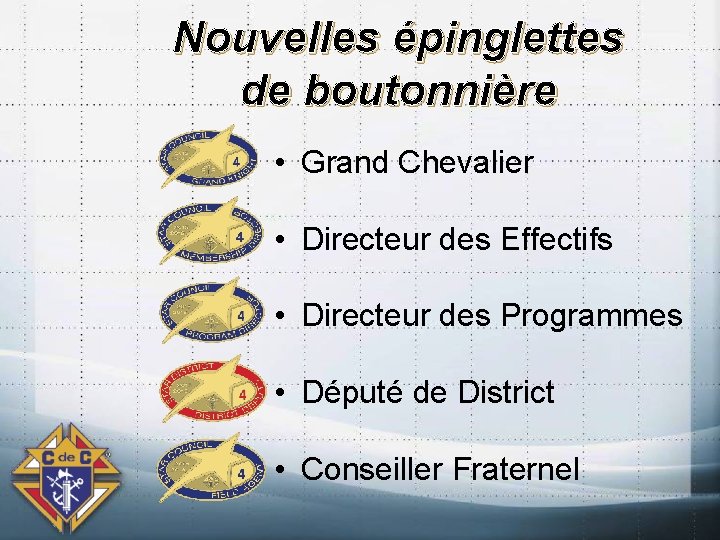 Nouvelles épinglettes de boutonnière • Grand Chevalier • Directeur des Effectifs • Directeur des