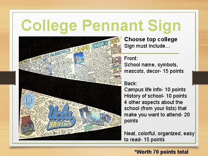 College Pennant Sign Choose top college Sign must include… Front: School name, symbols, mascots,