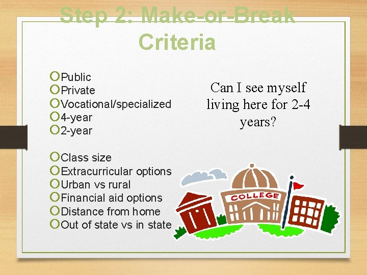 Step 2: Make-or-Break Criteria Public Private Vocational/specialized 4 -year 2 -year Class size Extracurricular