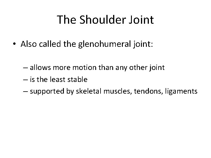 The Shoulder Joint • Also called the glenohumeral joint: – allows more motion than