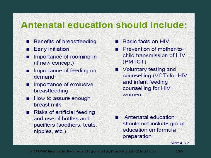 UNICEF/WHO Breastfeeding Promotion and Support in a Baby-Friendly Hospital – 20 hour Course 2006