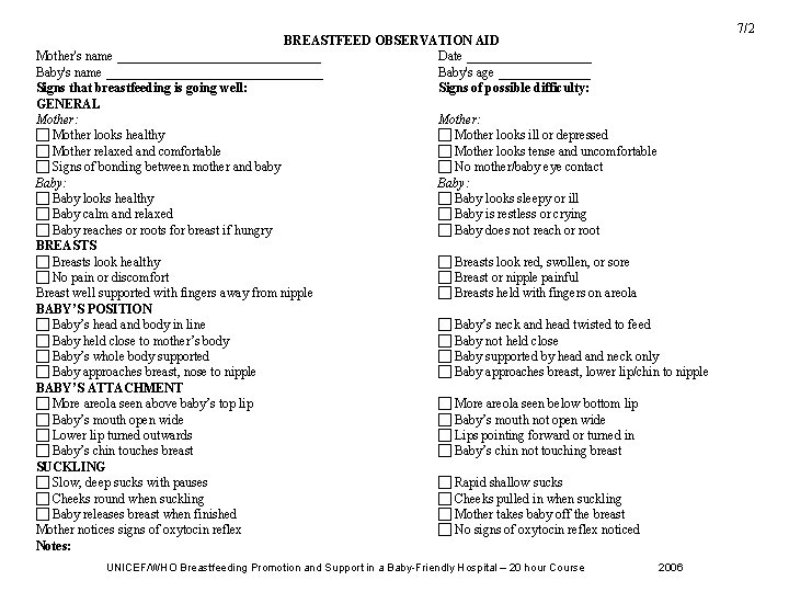 BREASTFEED OBSERVATION AID Mother's name ________________ Date __________ Baby's name _________________ Baby's age _______