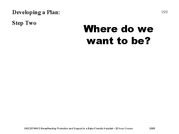 Developing a Plan: Step Two 15/3 Where do we want to be? UNICEF/WHO Breastfeeding