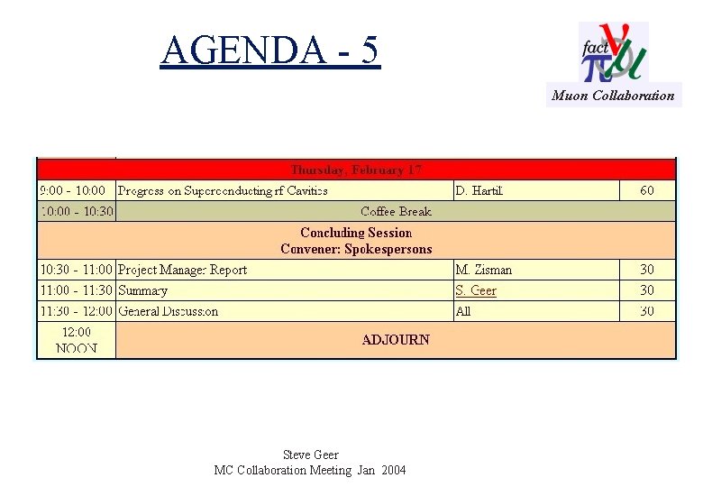 AGENDA - 5 Muon Collaboration Steve Geer MC Collaboration Meeting Jan 2004 