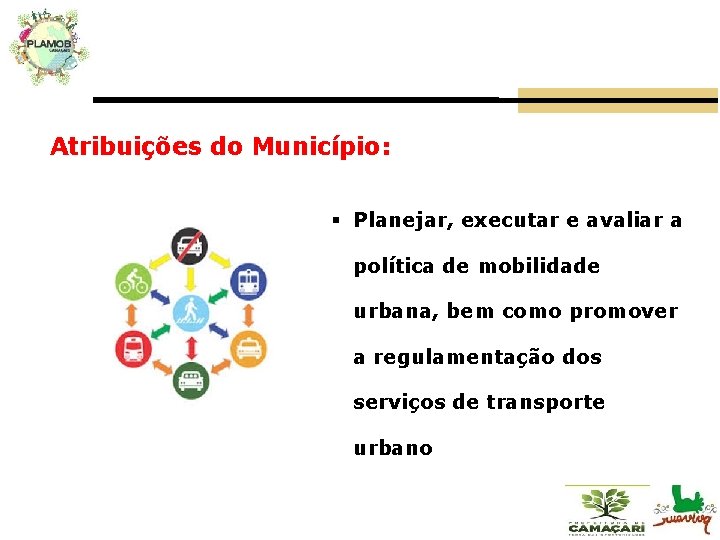 Atribuições do Município: § Planejar, executar e avaliar a política de mobilidade urbana, bem