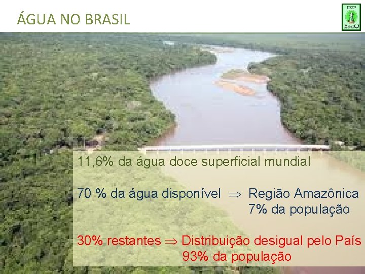 ÁGUA NO BRASIL 11, 6% da água doce superficial mundial 70 % da água