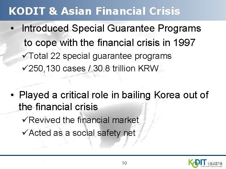 KODIT & Asian Financial Crisis • Introduced Special Guarantee Programs to cope with the