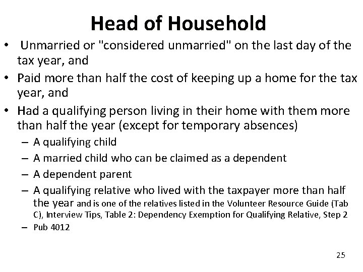 Head of Household • Unmarried or "considered unmarried" on the last day of the