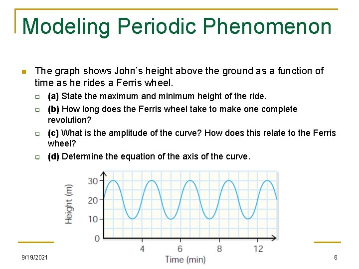 Modeling Periodic Phenomenon n The graph shows John’s height above the ground as a