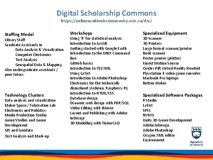 Digital Scholarship Commons https: //onlineacademiccommunity. uvic. ca/dsc/ Staffing Model Library Staff Graduate Assistants in