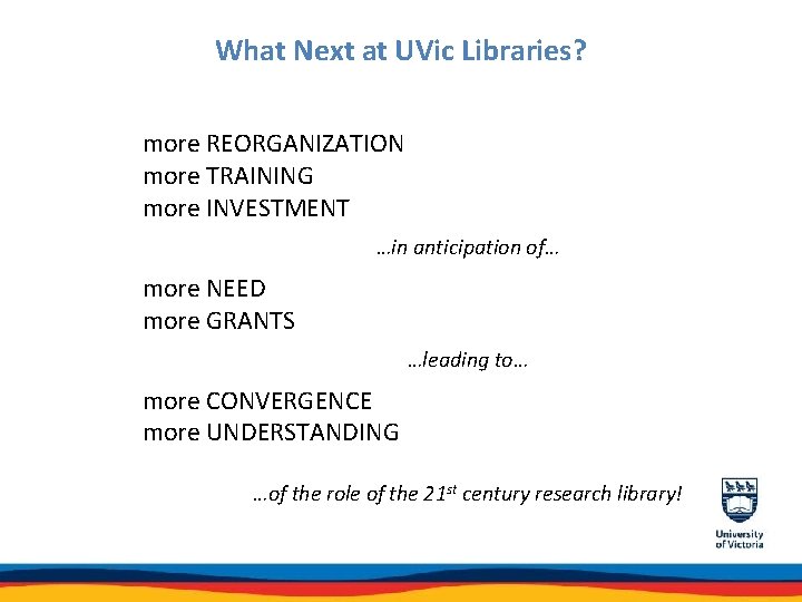 What Next at UVic Libraries? more REORGANIZATION more TRAINING more INVESTMENT …in anticipation of…