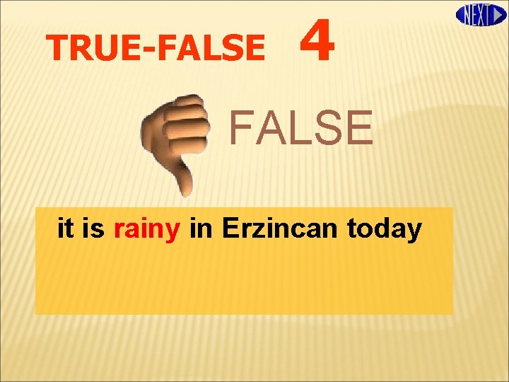 TRUE-FALSE 4 FALSE it is rainy in Erzincan today 