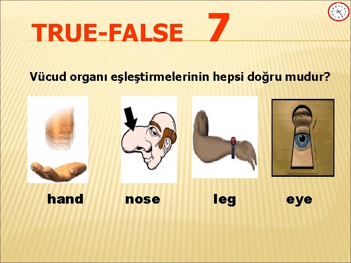 TRUE-FALSE 7 Vücud organı eşleştirmelerinin hepsi doğru mudur? hand nose leg eye 