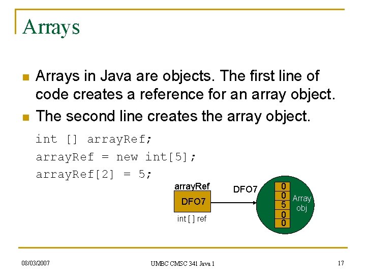 Arrays n n Arrays in Java are objects. The first line of code creates Arrays n n Arrays in Java are objects. The first line of code creates