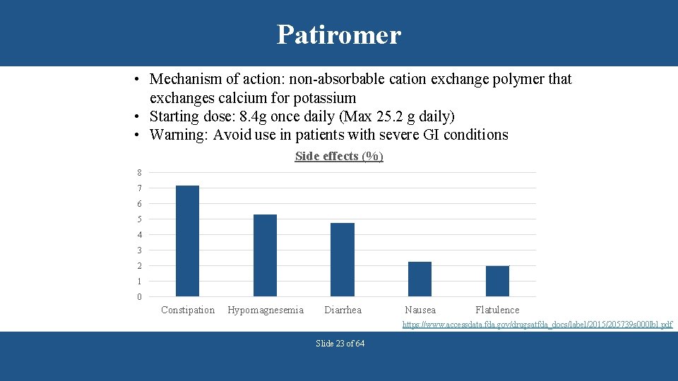 Patiromer • Mechanism of action: non-absorbable cation exchange polymer that exchanges calcium for potassium