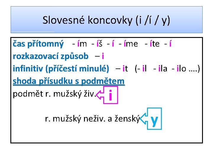 Slovesné koncovky (i /í / y) čas přítomný - ím - íš - íme Slovesné koncovky (i /í / y) čas přítomný - ím - íš - íme