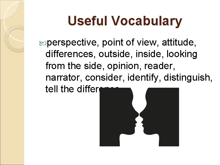 Useful Vocabulary perspective, point of view, attitude, differences, outside, inside, looking from the side,
