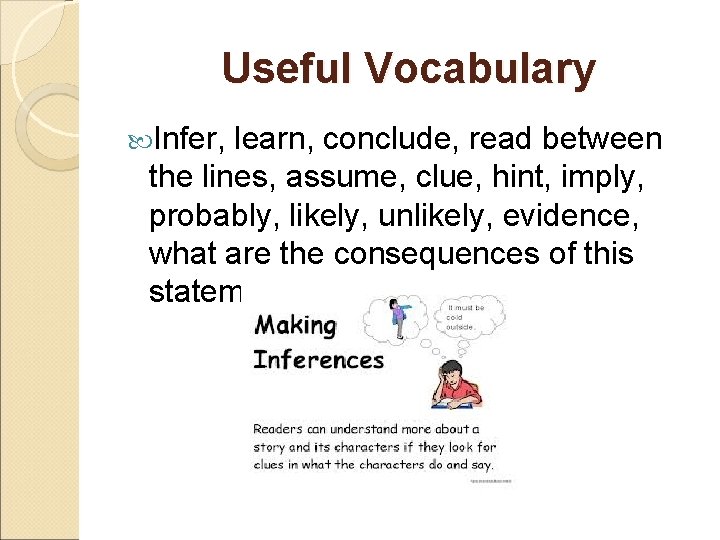 Useful Vocabulary Infer, learn, conclude, read between the lines, assume, clue, hint, imply, probably,