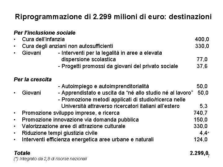 Riprogrammazione di 2. 299 milioni di euro: destinazioni Per l’inclusione sociale • Cura dell’infanzia