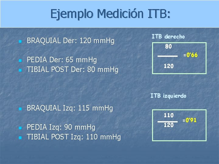 Ejemplo Medición ITB: n n n BRAQUIAL Der: 120 mm. Hg PEDIA Der: 65