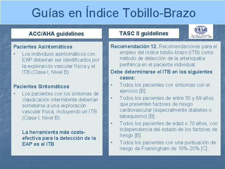 Guías en Índice Tobillo-Brazo ACC/AHA guidelines Pacientes Asintomáticos • Los individuos asintomáticos con EAP