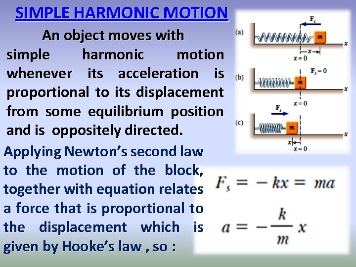 SIMPLE HARMONIC MOTION An object moves with simple harmonic motion whenever its acceleration is SIMPLE HARMONIC MOTION An object moves with simple harmonic motion whenever its acceleration is