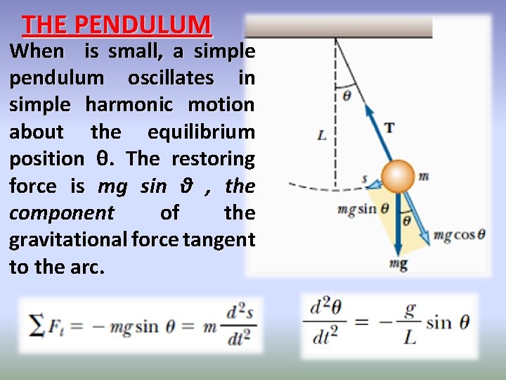 THE PENDULUM When is small, a simple pendulum oscillates in simple harmonic motion about THE PENDULUM When is small, a simple pendulum oscillates in simple harmonic motion about