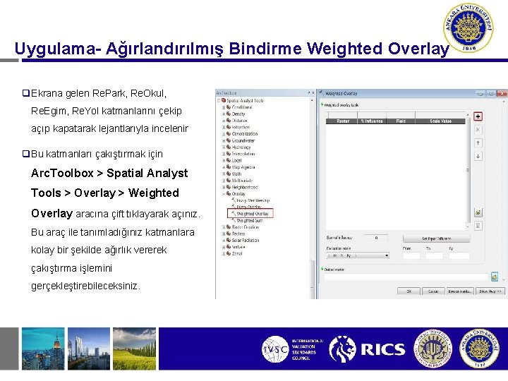 Uygulama- Ağırlandırılmış Bindirme Weighted Overlay q Ekrana gelen Re. Park, Re. Okul, Re. Egim,