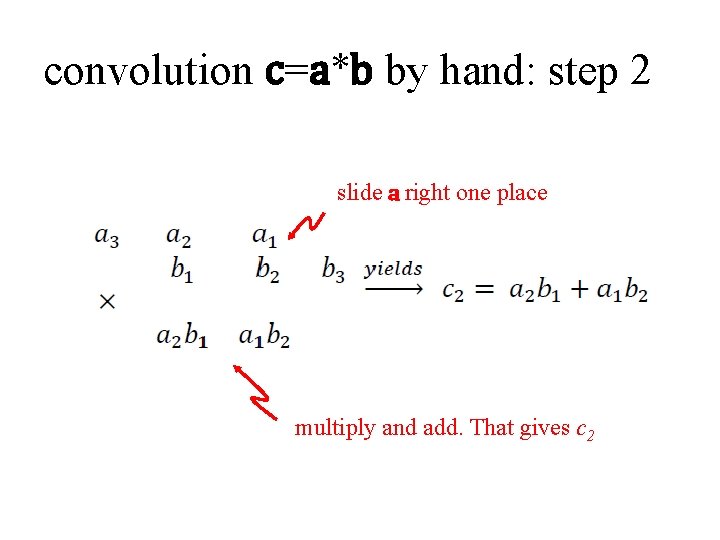 convolution c=a*b by hand: step 2 slide a right one place multiply and add.