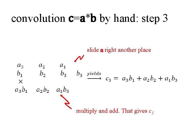 convolution c=a*b by hand: step 3 slide a right another place multiply and add.