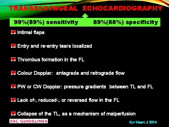 TRANSESOFAGEAL ECHOCARDIOGRAPHY 99%(89%) sensitivity 89%(88%) specificity Intimal flaps Entry and re-entry tears localized Thrombus
