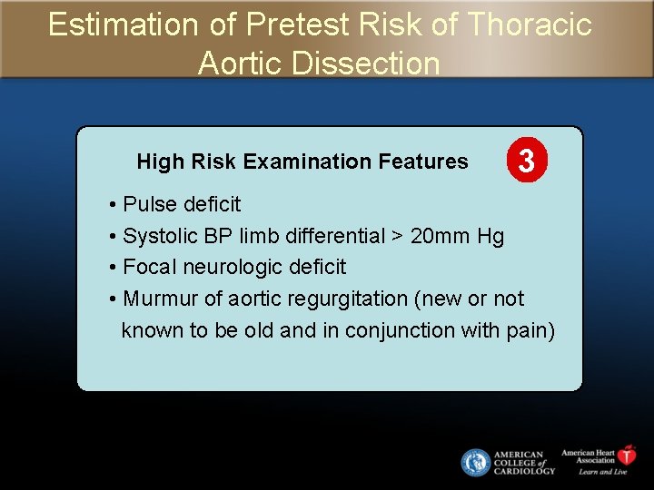 Estimation of Pretest Risk of Thoracic Aortic Dissection High Risk Examination Features 3 •