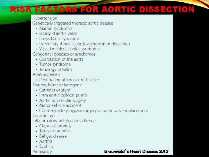 RISK FACTORS FOR AORTIC DISSECTION Braunwald’s Heart Disease 2012 