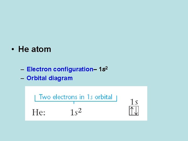  • He atom – Electron configuration– 1 s 2 – Orbital diagram 