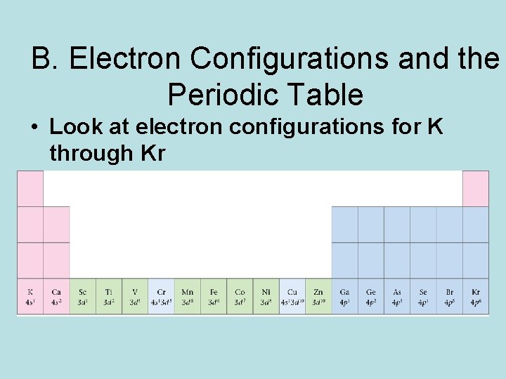 B. Electron Configurations and the Periodic Table • Look at electron configurations for K