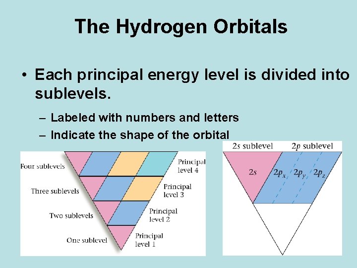 The Hydrogen Orbitals • Each principal energy level is divided into sublevels. – Labeled