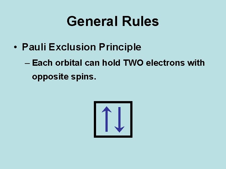 General Rules • Pauli Exclusion Principle – Each orbital can hold TWO electrons with