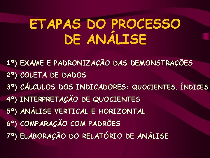 ETAPAS DO PROCESSO DE ANÁLISE 1ª) EXAME E PADRONIZAÇÃO DAS DEMONSTRAÇÕES 2ª) COLETA DE