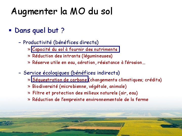 Augmenter la MO du sol § Dans quel but ? – Productivité (bénéfices directs)