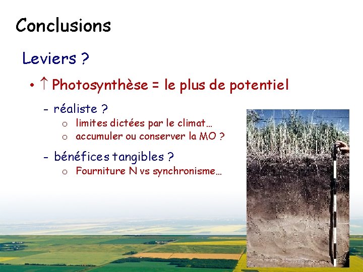 Conclusions Leviers ? • Photosynthèse = le plus de potentiel - réaliste ? o