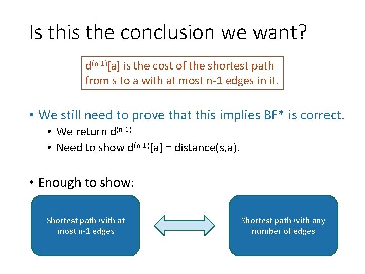 Is this the conclusion we want? d(n-1)[a] is the cost of the shortest path