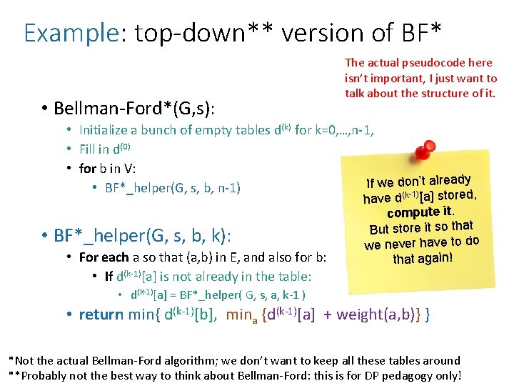 Example: top-down** version of BF* • Bellman-Ford*(G, s): The actual pseudocode here isn’t important,