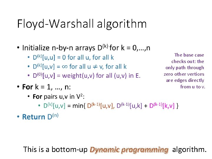 Floyd-Warshall algorithm • The base checks out: the only path through zero other vertices