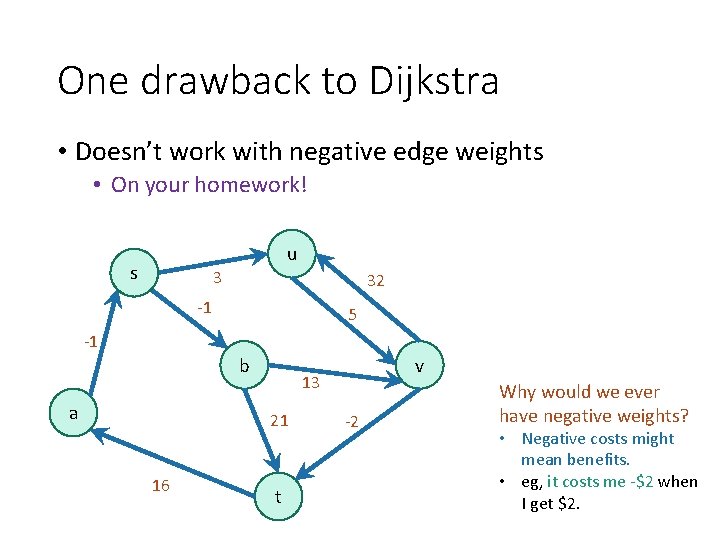 One drawback to Dijkstra • Doesn’t work with negative edge weights • On your