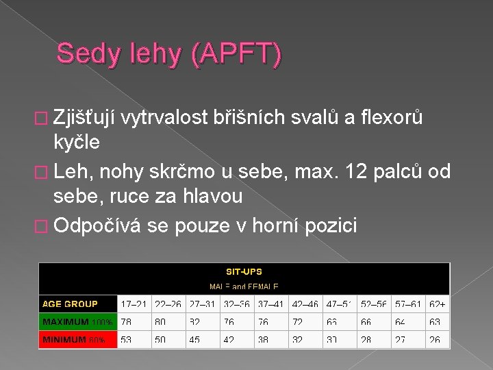 Sedy lehy (APFT) � Zjišťují vytrvalost břišních svalů a flexorů kyčle � Leh, nohy