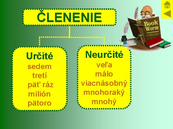 ČLENENIE Určité sedem tretí päť ráz milión pätoro Neurčité veľa málo viacnásobný mnohoraký mnohý