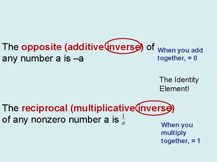 The opposite (additive inverse) of any number a is –a When you add together, The opposite (additive inverse) of any number a is –a When you add together,