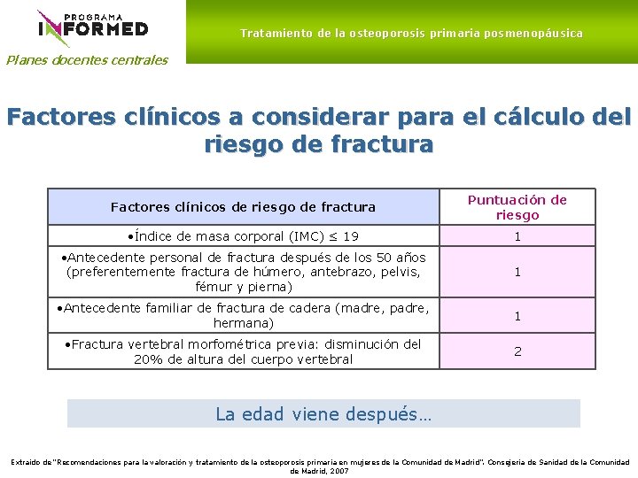 Tratamiento de la osteoporosis primaria posmenopáusica Planes docentes centrales Factores clínicos a considerar para