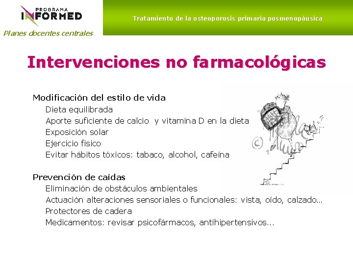 Tratamiento de la osteoporosis primaria posmenopáusica Planes docentes centrales Intervenciones no farmacológicas Modificación del