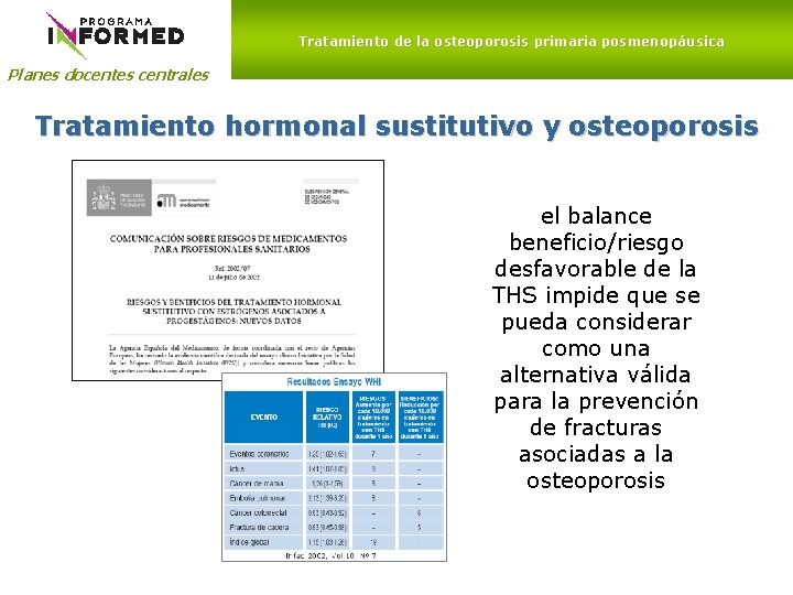 Tratamiento de la osteoporosis primaria posmenopáusica Planes docentes centrales Tratamiento hormonal sustitutivo y osteoporosis